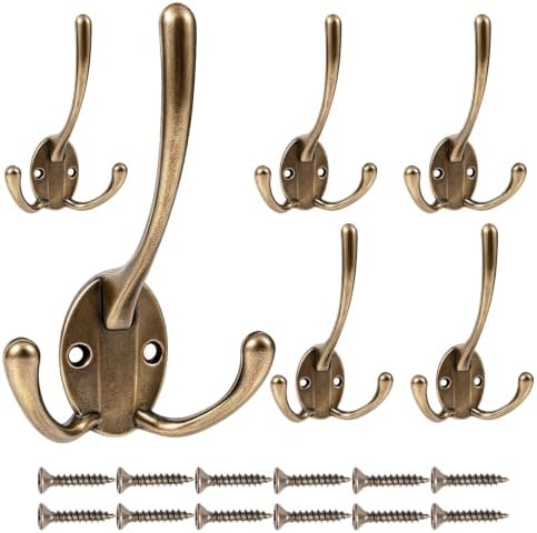 6 Pack Antique Brass Big Heavy Duty Three Prongs Coat Hooks for Thick Coat by IBosins
