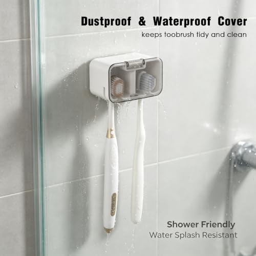 Toothbrush Holder Wall Mounted with Pop-Up Waterproof Cover, 2 Slots & Ventilated, No-Drill Adhesive Bathroom Organizer, Detachable Easy Clean, Fits Most Manual & Electric Toothbrushes (2pc Grey) - Image 4