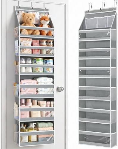 Yecaye 7 Tier Over the Door Organizer, Large Capacity Door Organizer Hanging with Clear PVC Windows, Behind the Door Storage for Bedroom Nursery Closet Laundry Pantry Bathroom, Grey by Yecaye