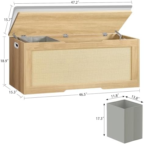 usikey 47.2" Large Storage Chest with Fabric Drawer, Toy Box with Safety Hinges, Extra Wide Storage Bench for Bedroom, Living Room, Entryway, Supports 300 lb - Image 3
