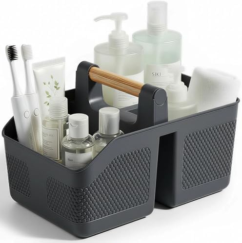 Plastic Shower Caddy Portable Shower Basket with Bamboo Handle, Dark Gray by rejomiik