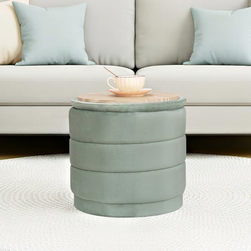 Round Storage Ottoman, 15.4" Velvet Footstool, Sage Green - Image 2