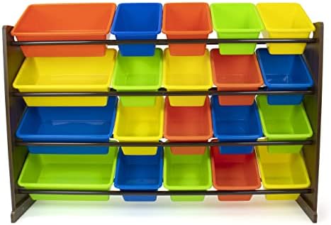 Humble Crew Extra-Large Toy Organizer with 20 Plastic Bins – Dark Walnut/Neon Storage Rack with 4-Tier Shelves, Anti-Tip Safety, for Kids’ Rooms, Playrooms, Nurseries & Classrooms - Image 2