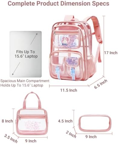 Makukke Clear Backpack for School, Heavy Duty 0.5mm Transparent Bookbag 3-in-1 Set with Lunch Bag, Fits 15.6" Laptop for Teens (Clear Pink) - Image 5