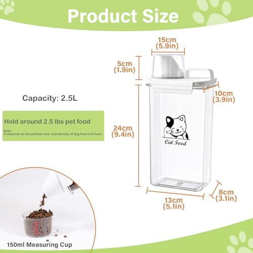 Cat Food Storage Container Small |3lb/2.5 L Clear Plastic Cat Food Treats Container Airtight with Measuring Cup|Portable Pet Food Containers Ideal for Travel| Easy Pour|BPA Free - Image 6