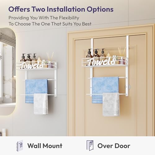 SWTYMIKI Over the Door Towel Racks for Bathroom - 3-Tier Wall Mounted Bathroom Towel Storage Organizer Holder with Metal Shelf, White - Image 3