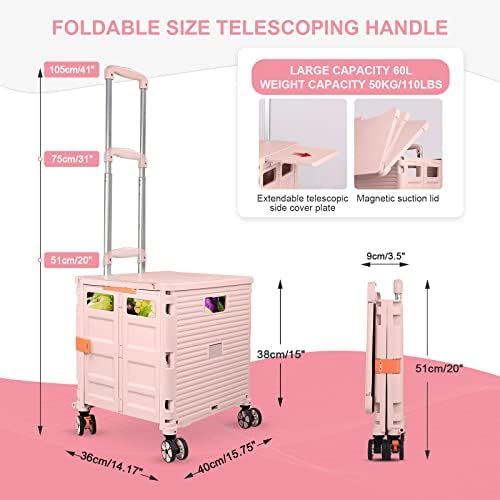 FELICON SELORSS Folding Utility Cart Portable Rolling Crate Handcart-Pink - Image 4