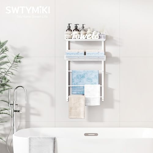 SWTYMIKI Over the Door Towel Racks for Bathroom - 5-Tier Wall Mounted Bathroom Towel Storage Organizer Holder with Metal Shelf, White - Image 5