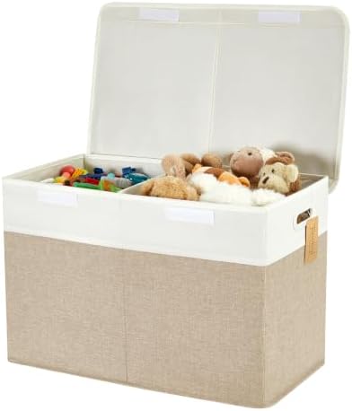 Large Toy Storage Box with Lid, Collapsible Toys Storage Organizer Bins with Dividers and Handles, Storage Chest Bin for Kids, Boys, Girls, Nursery 25"x13" x16" (Beige & White) by Roobyl