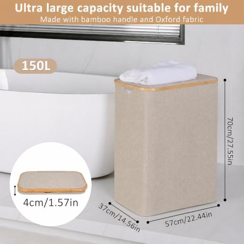 IEGrow Laundry Hamper with Lid,150L Laundry Basket with 2 Mesh Bags,Oatmeal - Image 2