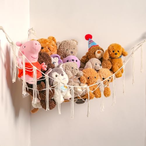 YKBU Stuffed Animals Hammock Corner Hanging Net Macrame Stuffed Animal Storage Plush Toy Holder Toy Organizer for Boho Nursery Playroom Bedroom Kids Room (cream, M) - Image 7