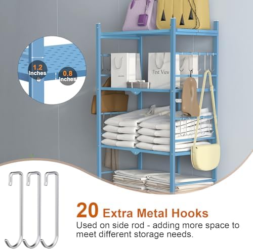 Himix 5-Tier Foldable Storage Shelves with 20 Hooks Wheels Garage Blue - Image 4