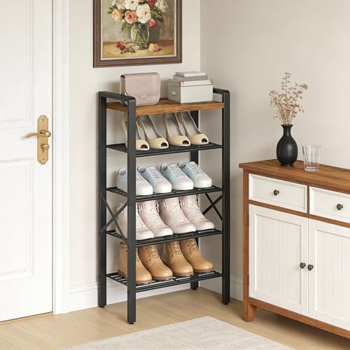 YATINEY 5-Tier Narrow Shoe Rack, Tall Shoe Rack for 5-10 Pairs, Slim Shoe Storage Organizer with Wooden Top, Space Saving, Metal Frame, for Entryway, Rustic Brown and Black SS65BR - Image 2