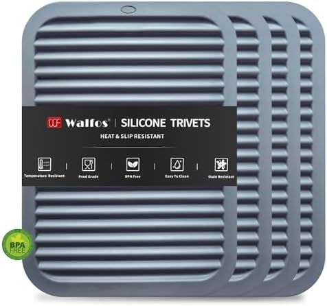 Walfos Silicone Trivets for Hot Pots and Pans - Heat Resistant Hot Pads for Kitchen Counter- 4 Pcs Multi-Purpose & Versatile Trivet Mat - Long-Lasting & Flexible Silicone Hot Pad（Gray） by Walfos
