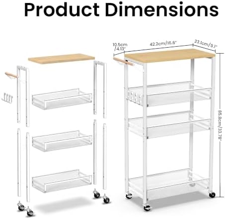 Slim Storage Cart with Adjustable Shelf, 4 Tier 9.1" Wide Narrow Rolling Utility Cart with Wooden Tabletop, Small Metal Mobile Shelf Unit Organizer Trolley for Laundry, Bathroom, Kitchen - Image 7