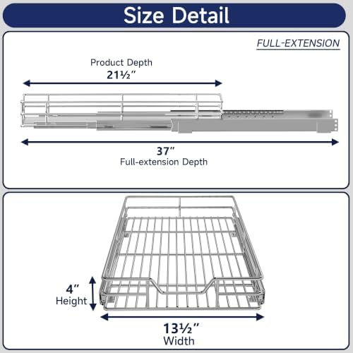 Pull Out Cabinet Organizer, 13.5" W x 21.5" D, Heavy Duty Chrome Slide Out Shelf for Base Cabinets, Sliding Wire Basket Drawer for Pantry Items, Bowls, Containers & Cleaning Supplies - Image 2