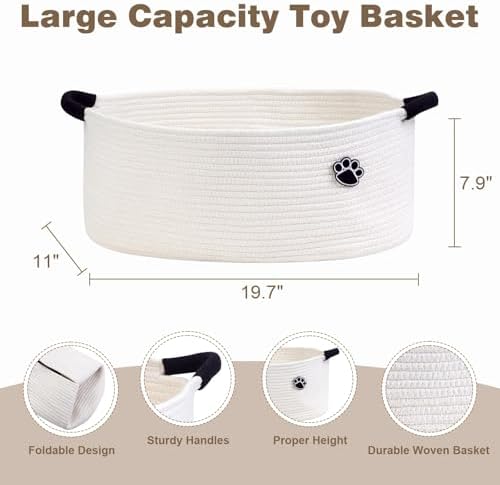Optish Dog Toy Basket, 30L Toy Box and Bin for Dog Cat Storage, 19.7" X 11" X 7.9" Large Woven Rope Basket for Blankets, Living Room, Bedroom, White - Image 3