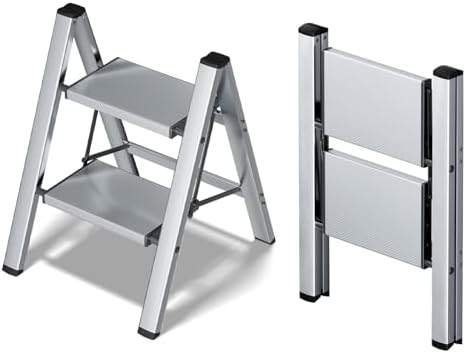 Taranta 2 Step Stool Foldable,Aluminum Step Ladder-Sliver by TARANTA
