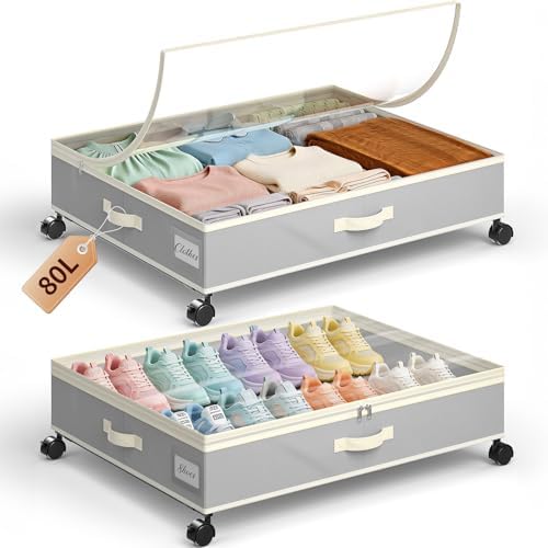 Yecaye 80L Large Under Bed Storage Containers with Wheels, 2 Pack, Grey by Yecaye