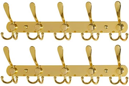 Dseap Coat Rack Wall Mounted - 5 Tri Hooks, Heavy Duty, Stainless Steel, Metal Coat Hook Rail for Coat Hat Towel Purse Robes Mudroom Bathroom Entryway (Gold, 2 Packs) by Dseap