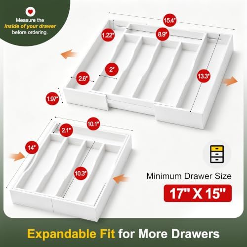 Bellsal White Silverware Organizer Kitchen Drawer Organizer Expandable Bamboo Utensil Holder Cutlery Tray for Kitchen Utensil and Flatware Bedroom Office - Image 2