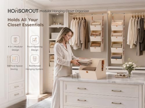 Homsorout Collapsible Hanging Closet Organizer - 3 Tier Closet Shelves Storage System with Hooks, Fabric Hanging Storage Bins for Clothes, Foldable Storage Basket for Laundry, Bedroom, Rv, Beige - Image 4