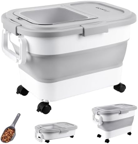 Dog Food Storage Container 15-25lbs, Airtight Pet Food Bin with Locking Lid & Clear Window, Collapsible Rolling Storage Container with Wheels & Scoop, Gray by Leaforylife