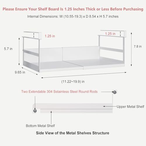 Expandable Under Cabinet Shelf Organizer with 1.25 Inches Thick Clips, Heavy Duty Extendable Under Shelf Storage Basket for Pantry or Laundry Room, White, 2 Pack, Interior: 5.7" H x 8.54" D - Image 3