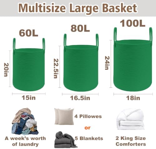 JMvicyroam 100L Cotton Rope Laundry Basket Hamper, Dark Green - Image 2
