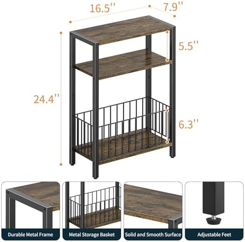 Narrow Side Table with Storage Basket Small End Table for Small Space,Brown - Image 3
