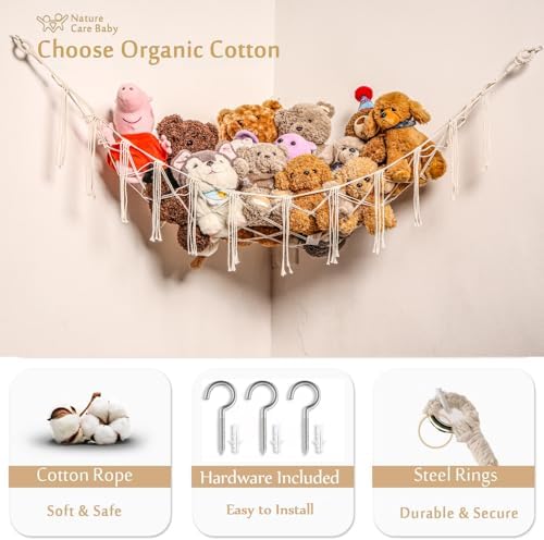 YKBU Stuffed Animals Hammock Corner Hanging Net Macrame Stuffed Animal Storage Plush Toy Holder Toy Organizer for Boho Nursery Playroom Bedroom Kids Room (cream, M) - Image 3