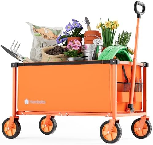 29.3" Collapsible Wagon Cart, 150L Heavy Duty Folding Utility Wagon with Wheels, 260 lbs Load, Portable Rolling Cart for Garden, Shopping, Sports, Camping, Orange by Hombetta