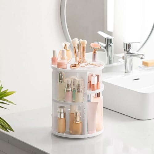 HBlife 360 Rotating Makeup Organizer Adjustable Carousel Large Capacity Revolving Perfume Organizer Skincare Organizers Cosmetic Storage Spinning Holder for Vanity, White - Image 4