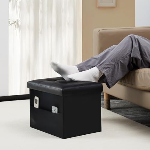 Bsketa Storage Ottoman Bench,17 Inch Folding Leather Foot Rest Stool, Black - Image 2