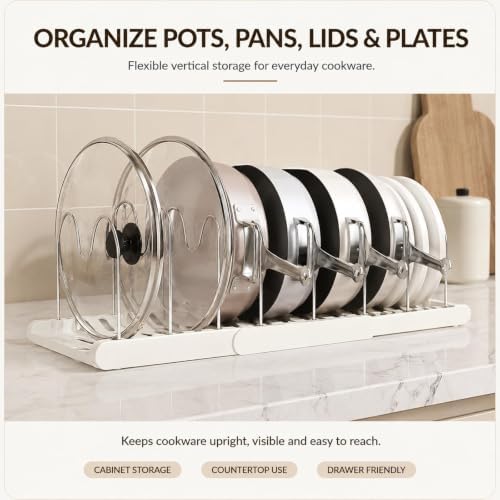 Expandable Pot and Pan Organizer for Cabinet, Adjustable Pot Lid Organizer with Stainless Steel Dividers for Pans, Baking Sheets, Plates & Cutting Boards, 13.6–22.2 in (White) - Image 4