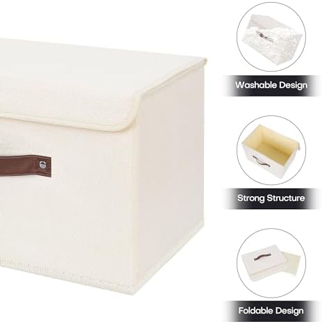 ANMINY Fabric Storage Box Bins with Lids, Beige, 15"x10"x10", 2 Pack - Image 4