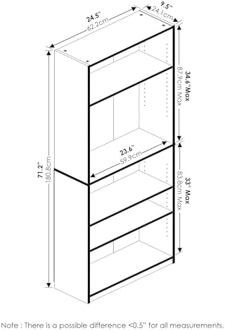 Furinno Jaya Book Shelf, 5-Tier Bookshelf, Tall Standing Bookcase with Adjustable Shelves, 9.5 x 24.5 x 71.2, for Living Room, Bedroom, Home Office, Black Espresso - Image 2
