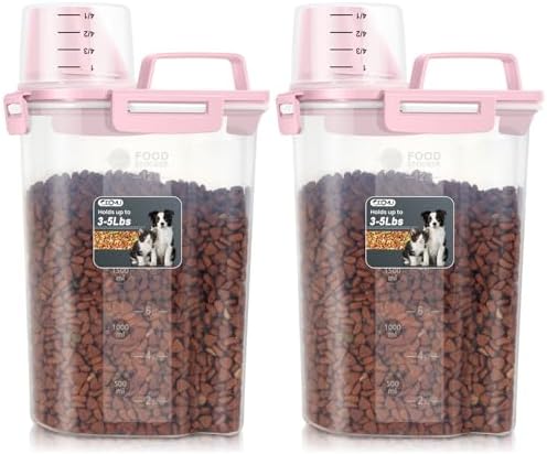 Dog Cat Food Storage Container with Cup (Pink, 2.5L (2 pack)) by ODOMU