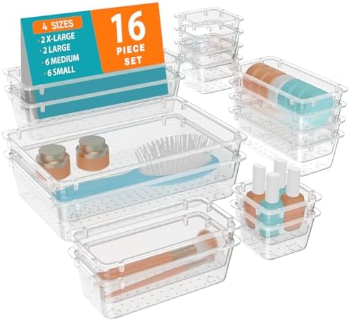 WOWBOX 16 PCS Clear Plastic Drawer Organizer Set, 4 Sizes Desk Drawer Organization and Storage Containers for Makeup, Cosmetics, Jewelry and Gadgets in Kitchen, Bathroom, Bedroom, Office, Clear by WOWBOX