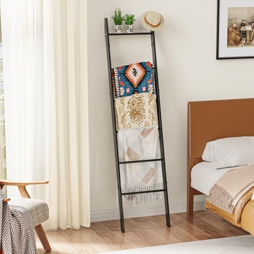 BAMBANG 6-Tier Blanket Ladder for Living Room, Blanket Quilt Ladder Rack Rustic Decorative Towel Holder, Wall Leaning Blanket Ladder Shelf Storage Farmhouse Decor for Bedroom Bathroom, Black - Image 2