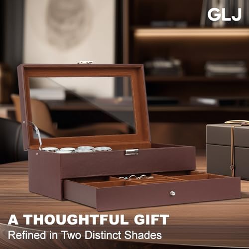 Jewelry Box for Men, 6 Slot Watch Box Jewelry Organizer With Drawer, Watch Case for Men with Large Window, 2-Layer Watch Holder, Sunglasses Storage Organizer, Velvet Lining, Fathers Day Gift - Image 5