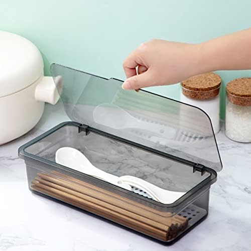 Flatware Tray Kitchen Drawer Organizer With Lid And Drainer - Plastic Kitchen Cutlery Tray and Utensil Storage Container with Cover - Dinnerware Holder for Spoons Forks Knives 10.0x4.3x2.8 - Image 2