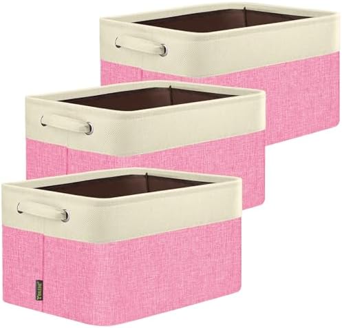 BALEINE 3 Pack Fabric Closet Storage Bins for Shelves, Linen Closet Organizers and Storage, Decorative Baskets for Organizing, Shelf, Clothes, Home, Office (Pink, 14''x10''x8.5') by BALEINE
