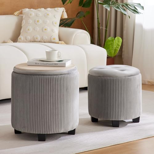BLEXA Tufted Ottoman Set of 2 Large Round Velvet Storage Ottoman Gra - Image 2