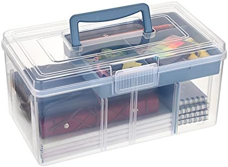 BTSKY 2 Layer Clear Plastic Dividing Storage Box with Removable Tray Multipurpose Stationery Storage Box with Handle Portable Sewing Box Art Craft Supply Organizer Home Utility Box (Big Blue) by BTSKY