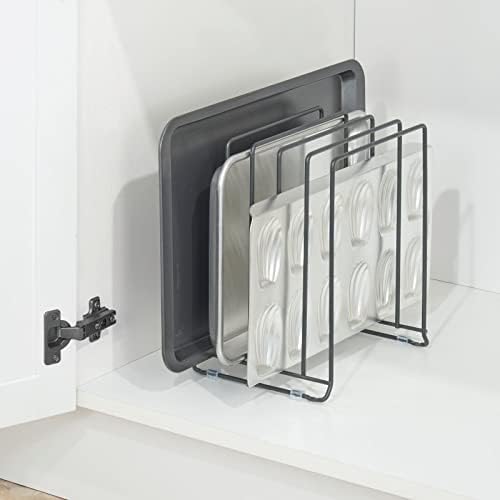 mDesign Pot Lid and Pan Rack — Metal Wire Rack for Cabinets, Pantries or Kitchen Surfaces — Freestanding Pan Stand with 5 Slots for Pans, Pots, Lids and Crockery — Dark Grey - Image 2