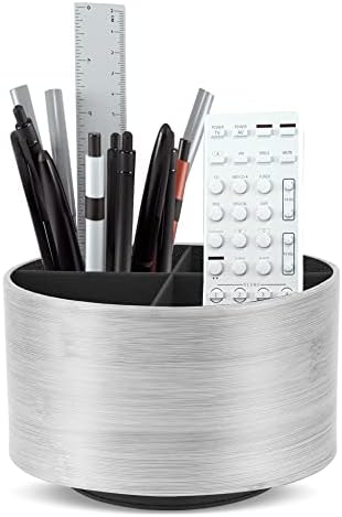 Round Leather Art Supply Organizer,Remote Control Holder,360 Degree Spinning,Multi-Functional Pencil Holder,4 Compartments Desktop Stationary Organizer(1-Light Grey2) by Hennaja
