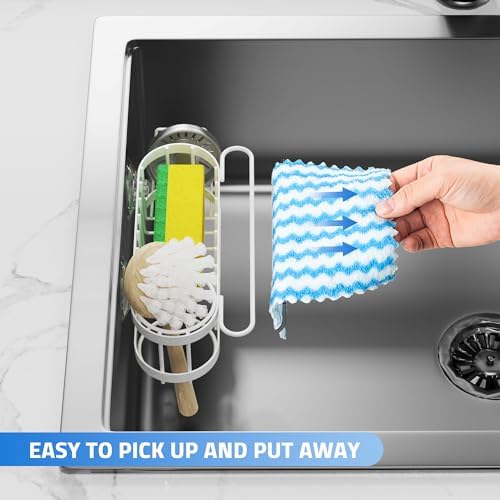 Cisily Kitchen Sink Caddy Sponge Holder in The Sink, Stainless Steel Kitchen Sink Organizer, Brush Holder, Dish Cloth Hanger, Sink Stopper Holder (Suction cup-White) - Image 4