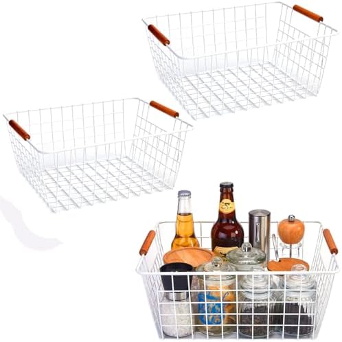 LeleCAT Large white wire baskets with Wooden Handles for storage pantry, Storage Organizer Baskets, Household Refrigerator for Cabinets, Closets, Bedrooms, kitchen - Set of 3 White by HomeSpaceStorageBasket