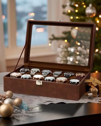 GUKA Watch Case, 12 Slot Watch Box with Large Real Glass Lid, Watch Organizer with Removable Watch Pillow, Brown Retro Synthetic Leather Watch Display, Brown - Image 2